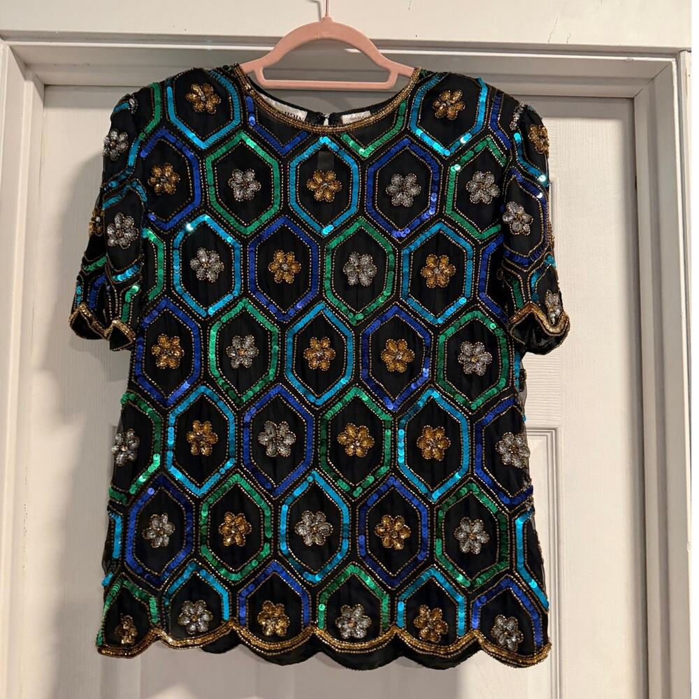 [Vintage] Night Vogue Black Silk Gold Silver Floral Blue Green Sequin Top - Sz L